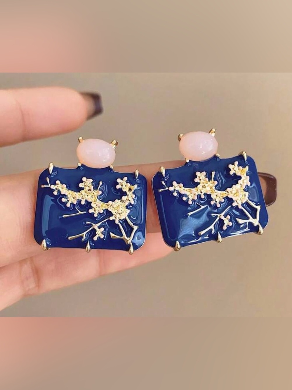 Vintage Navy Blue & Pale Pink Floral Enamel Stud Earrings